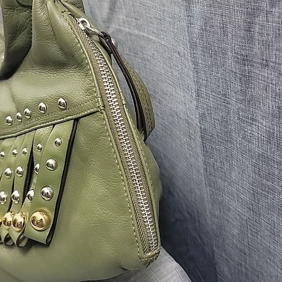 B. Makowsky Olive Green Fringed & Studded Metallic Leather Hobo Shoulder Bag - Picture 5 of 10